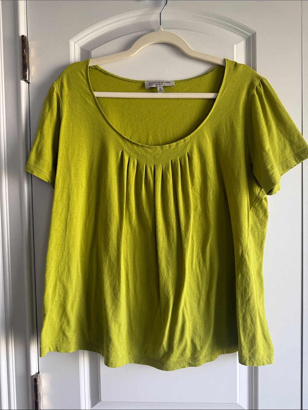 Jones NY Sport Woman Bright Lime Scoop Neck Pleated Short Sleeve Cotton Top, 1X